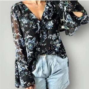 White House Black Market Black and Blue Floral Blouse